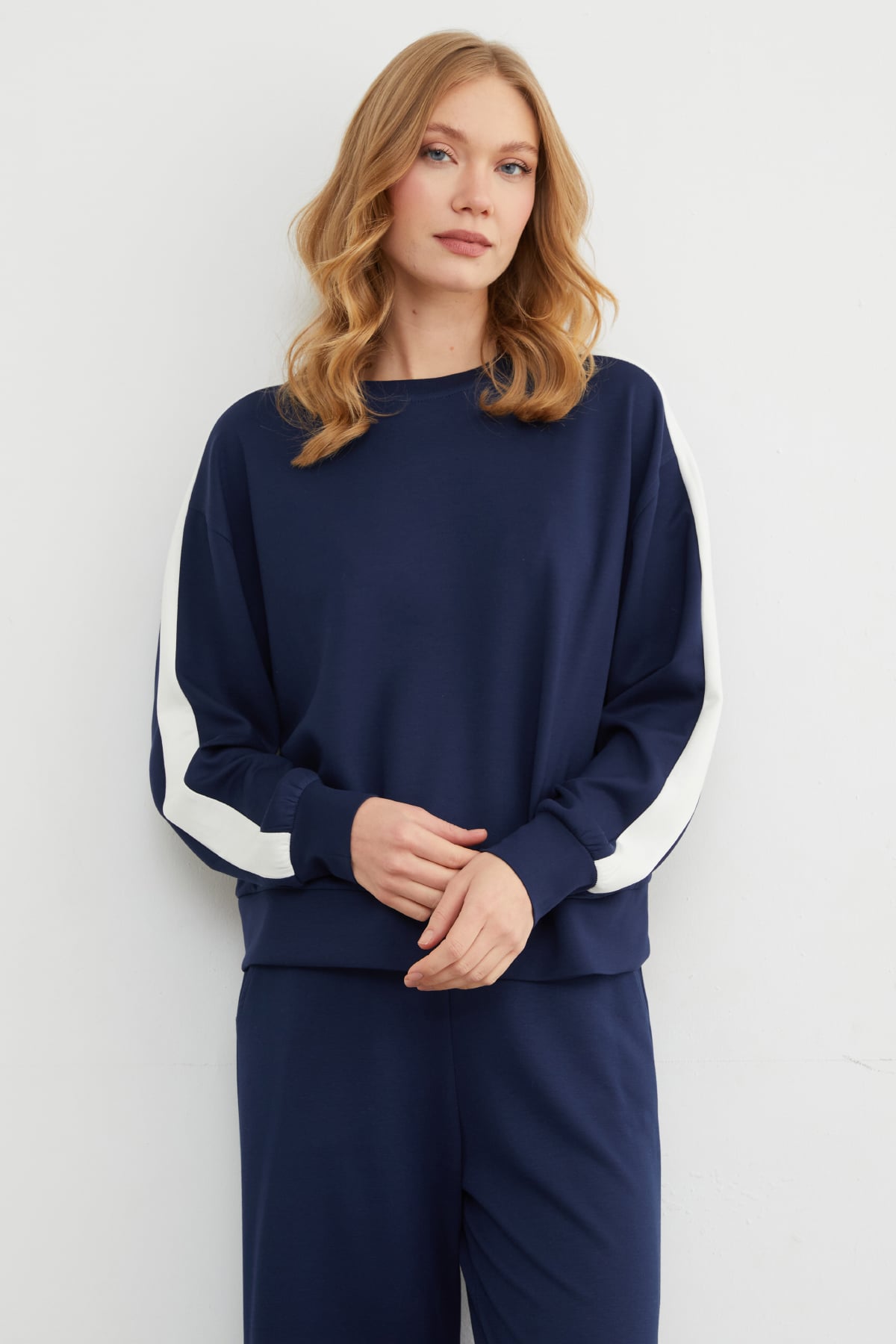 Kolu Şeritli Bisiklet Yaka Modal Sweatshirt 6