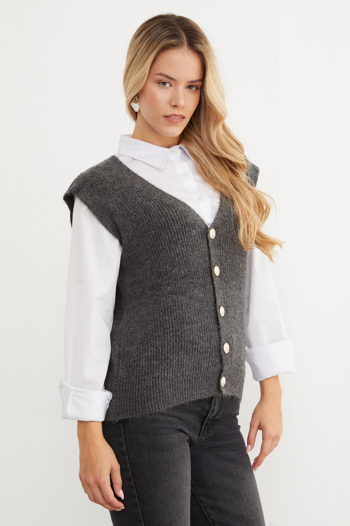 Sakallı Düğmeli V Yaka Oversize Yelek 8