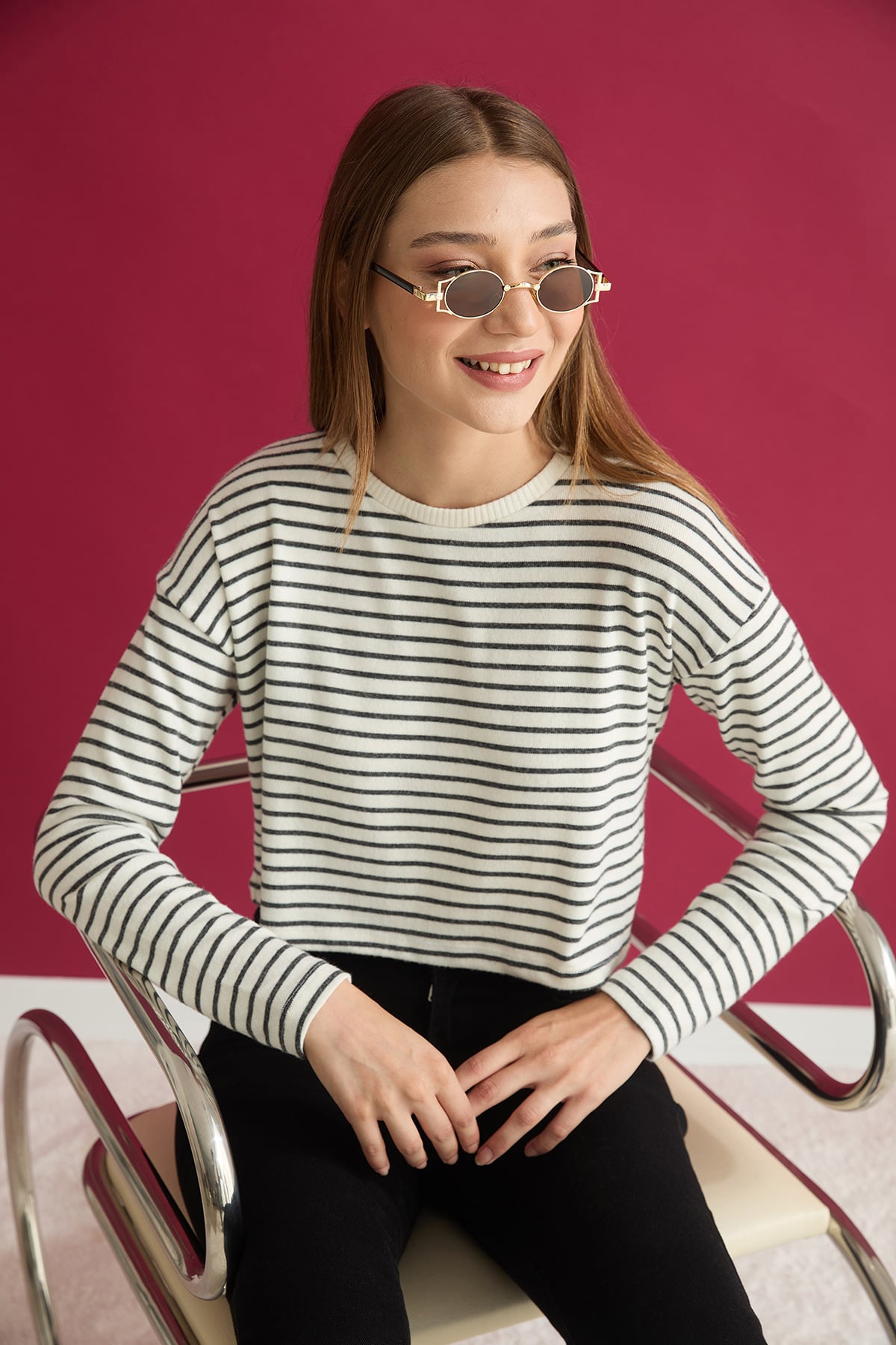 Çizgili Crop İnce Triko Kazak
