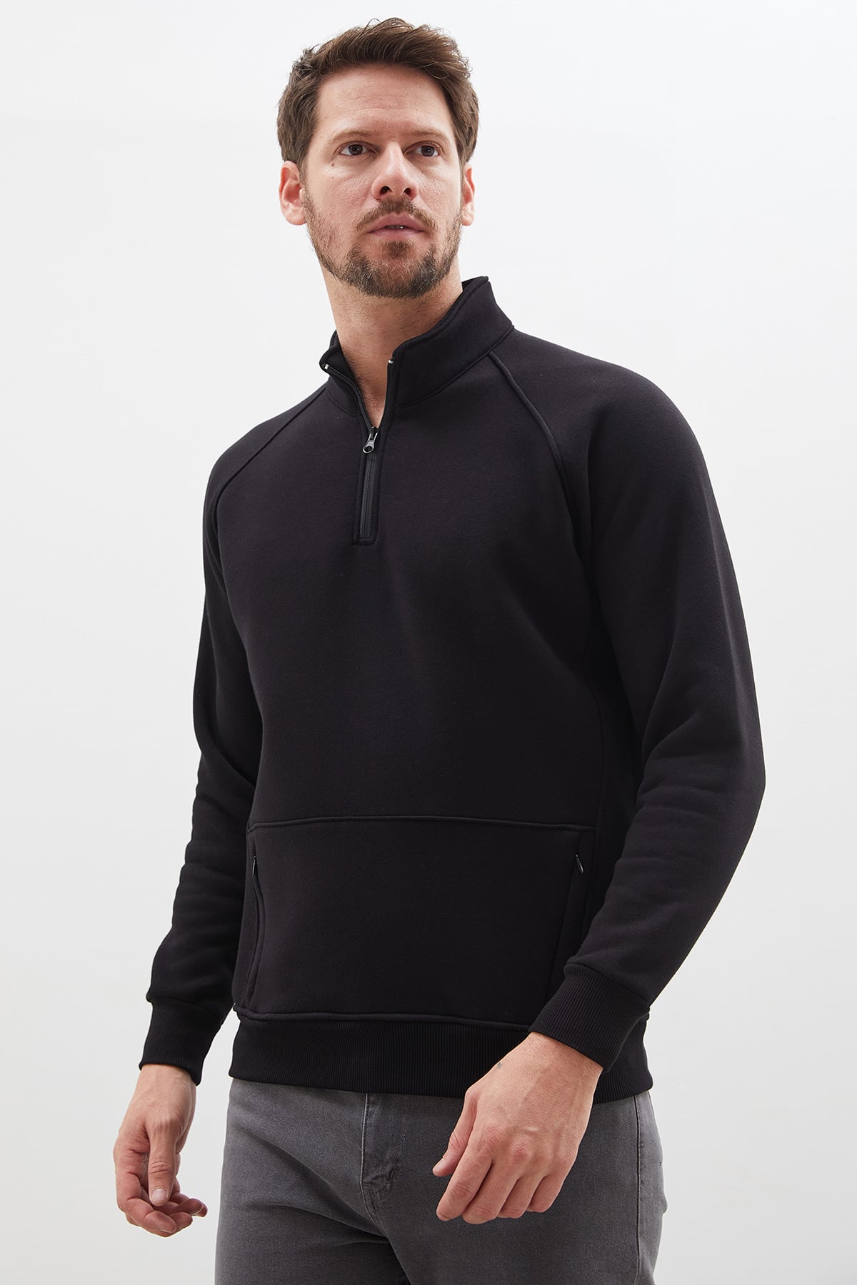 3 İplik Yarım Fermuarlı Dik Yaka Kanguru Cepli Sweatshirt 5
