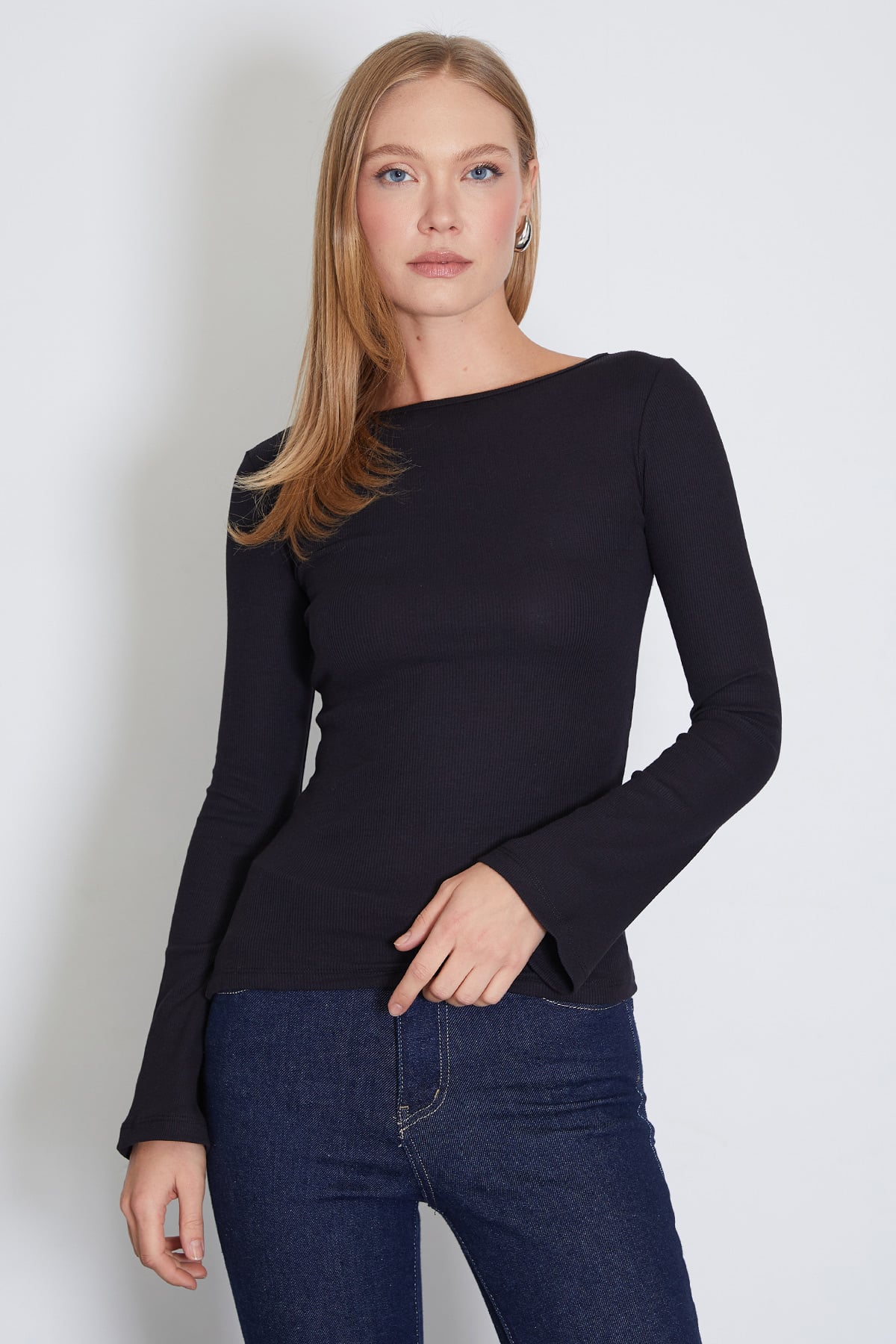Kadın Fitilli Kayık Yaka Flare Kol Slim Fit Bluz 7
