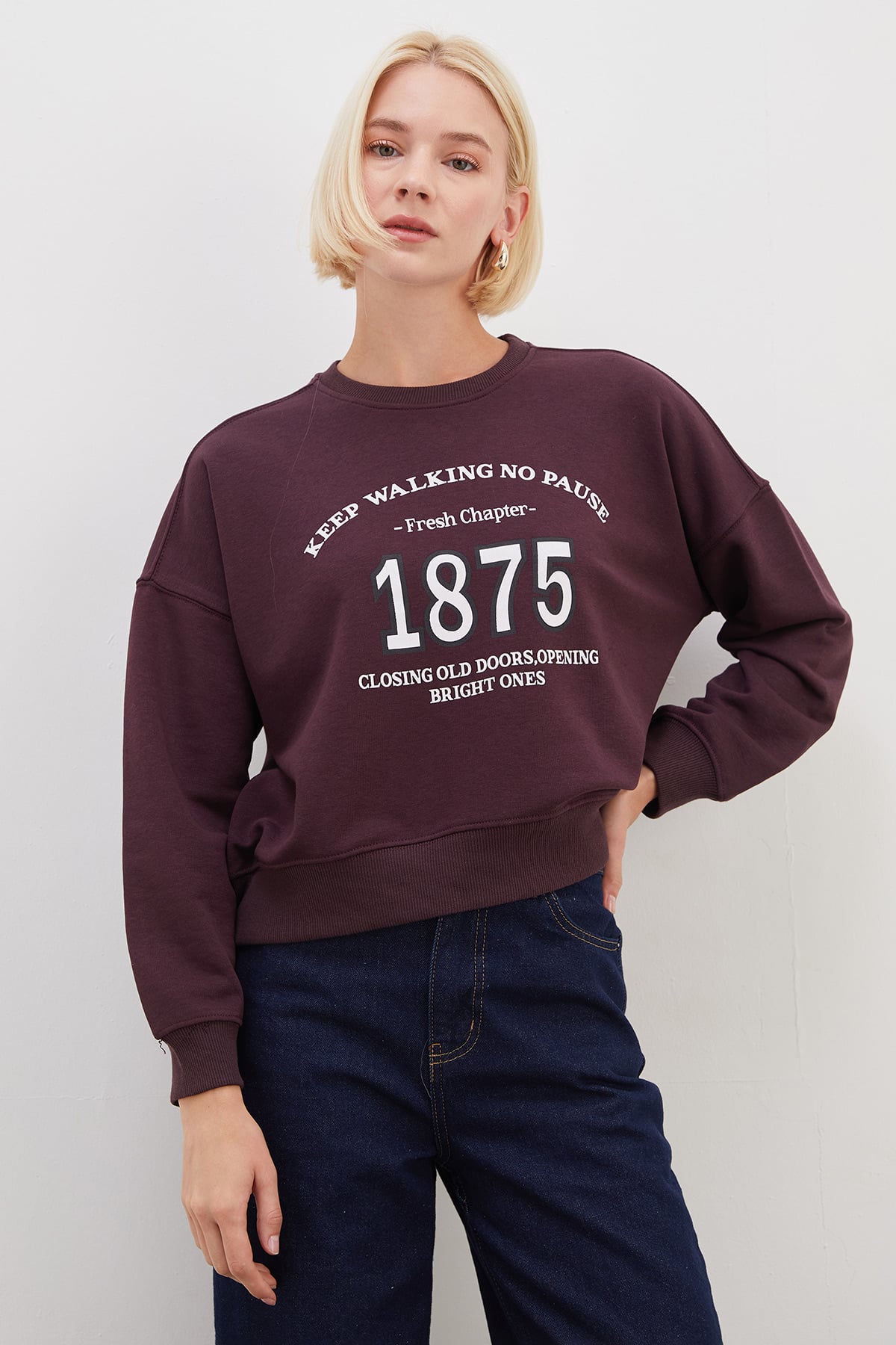 3 İplik Şardonsuz 1875 Baskılı Oversize Sweatshirt 4