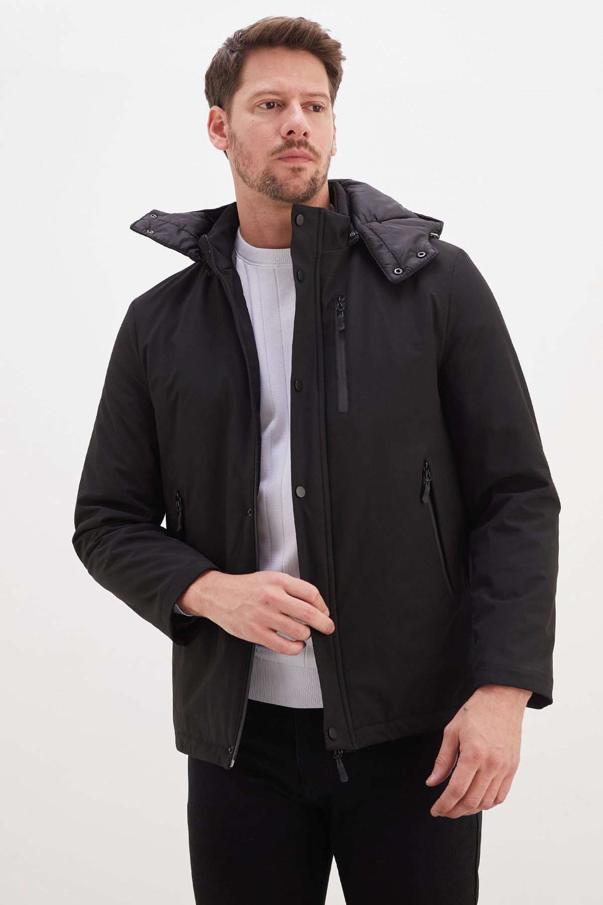 Fermuarlı Çıtçıtlı Çıkarılabilir Kapüşonlu Mont 3