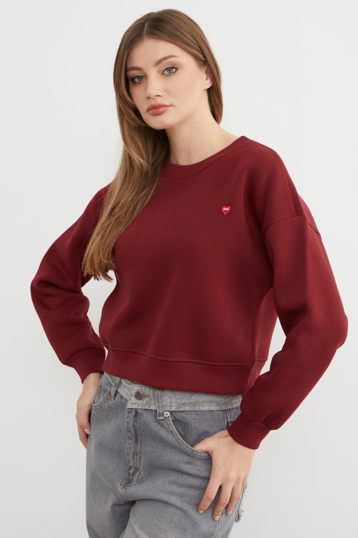 3 İplik Kalp Nakışlı Bisiklet Yaka Sweatshirt 7