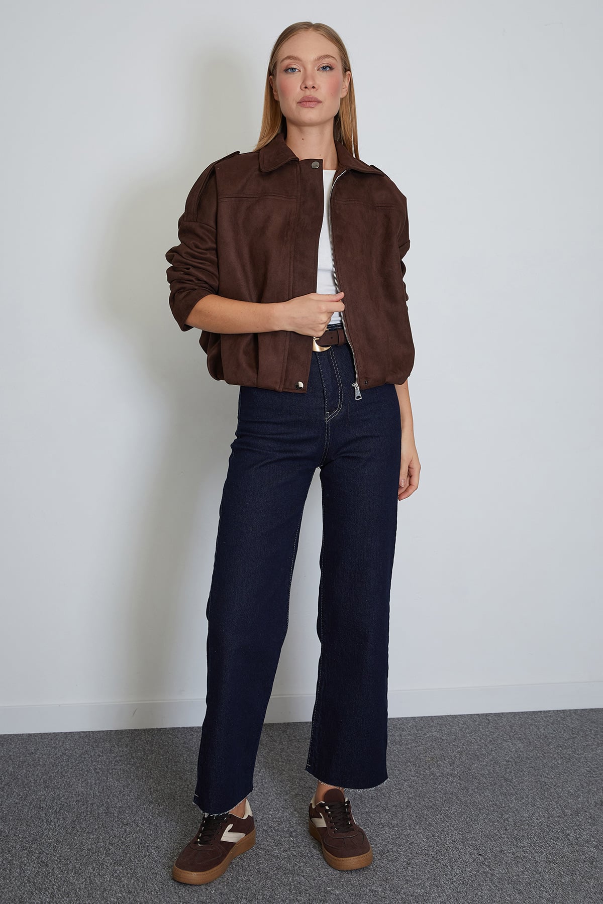Fermuarlı Polo Yaka Süet Bomber Ceket 4