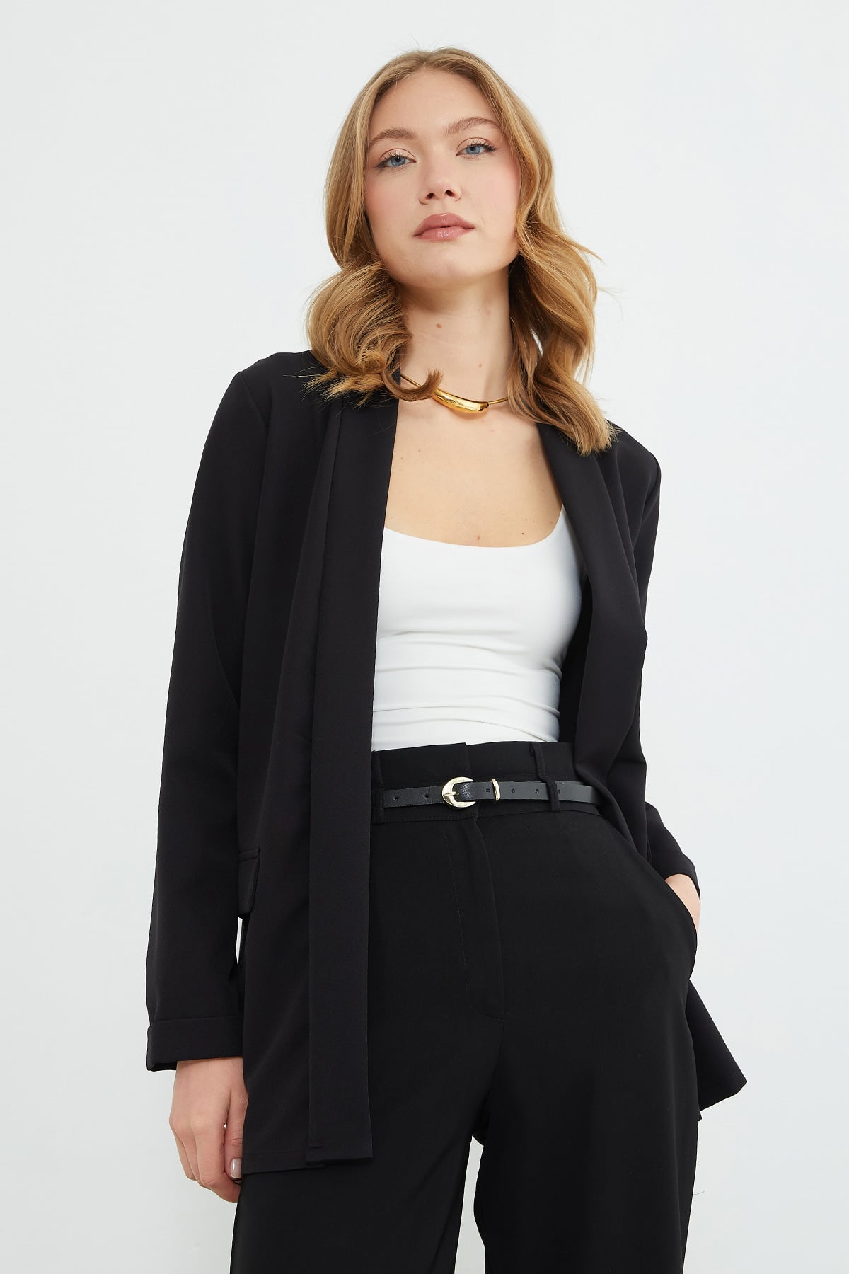 Kadın Siyah Duble Kol Şal Yaka Blazer Ceket