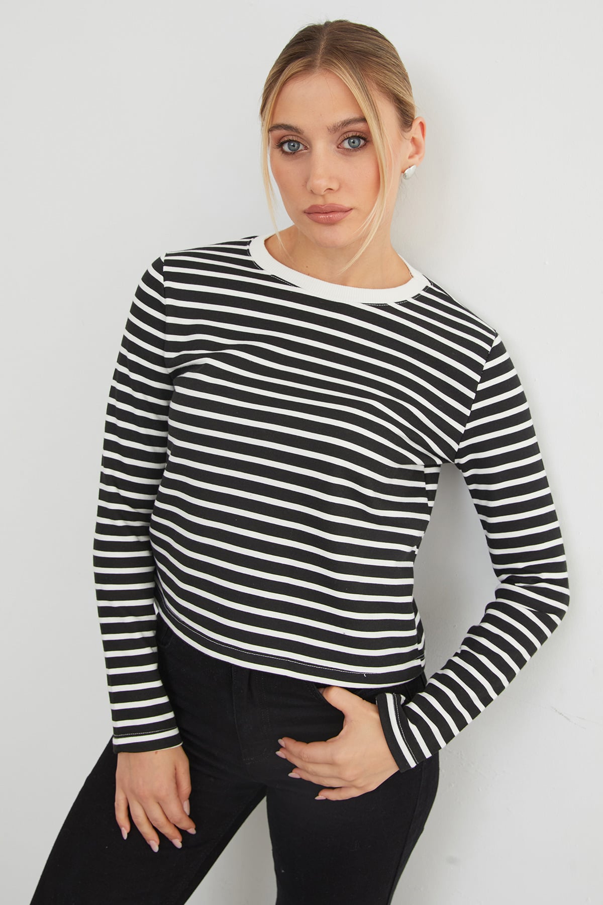 3 İplik Şardonsuz Çizgili Bisiklet Yaka Sweatshirt