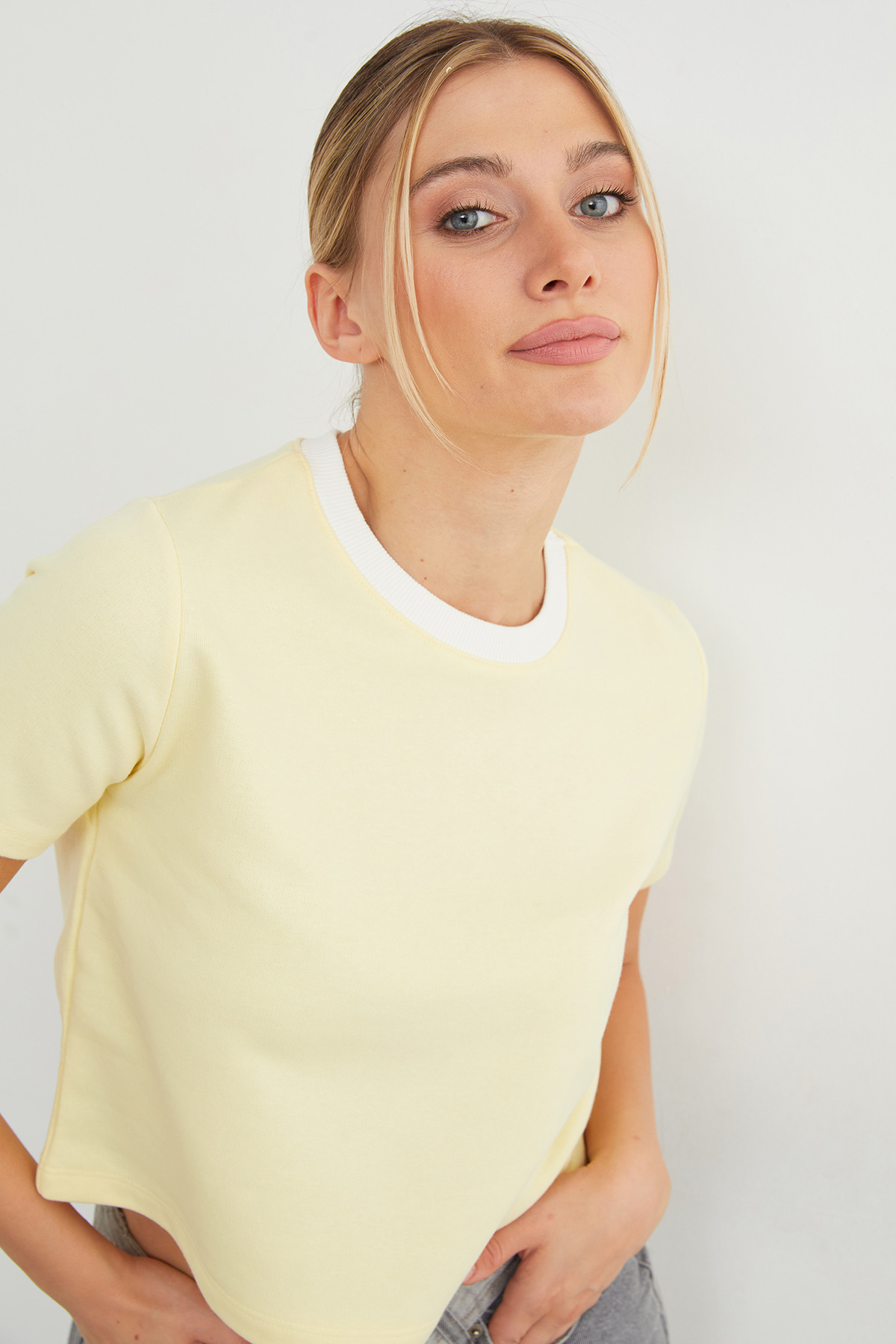 Basic Ribana Yaka Mevsimlik Crop Tişört 6