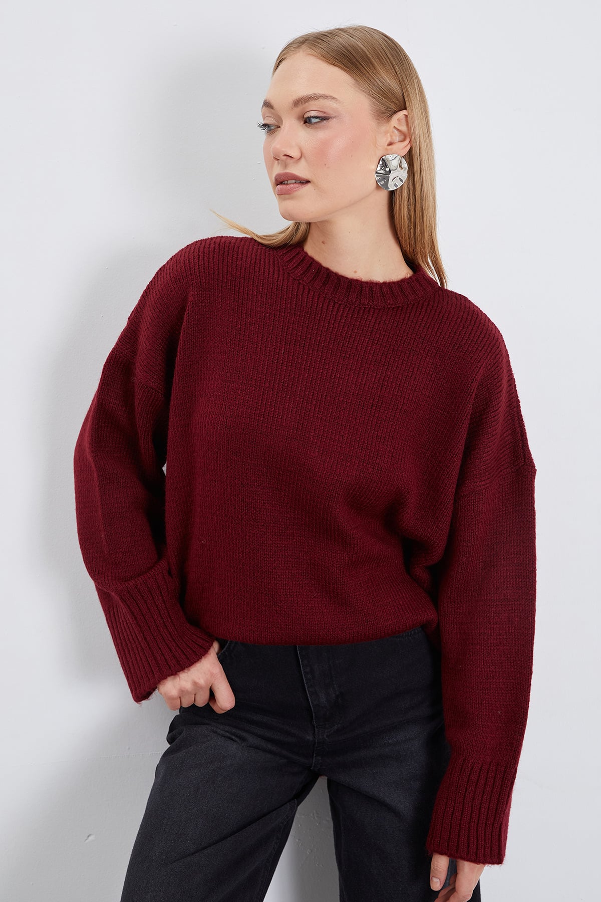Basic Bisiklet Yaka Oversize Triko Kazak 6