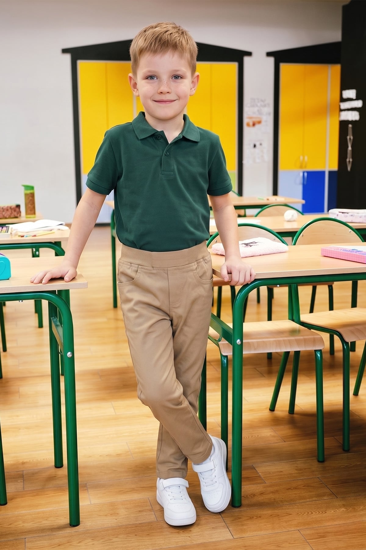 Çocuk Unisex Bej Beli Bağcıklı Gabardin Kumaş Pantolon