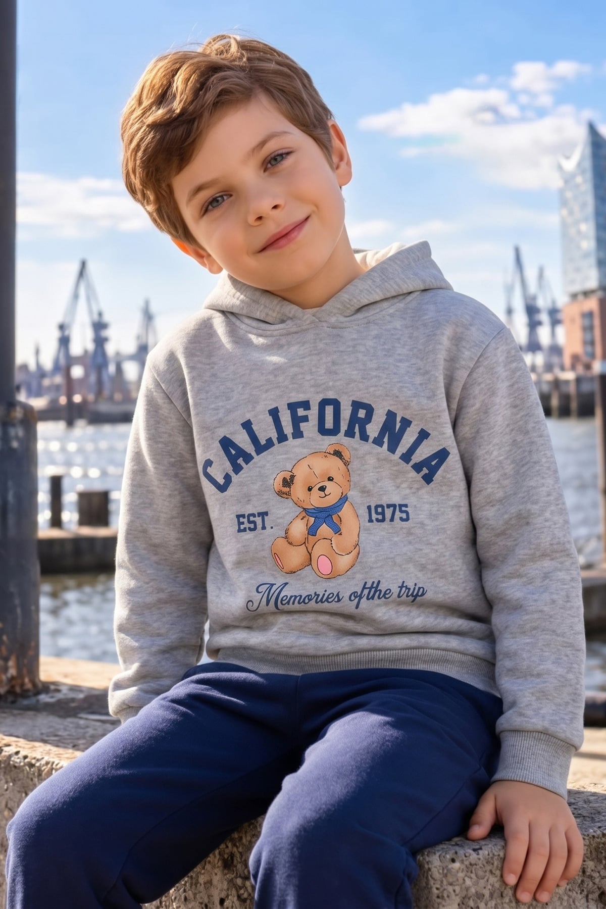 Çocuk Unisex 3 İplik Ayıcık Baskılı Kapüşonlu Sweatshirt