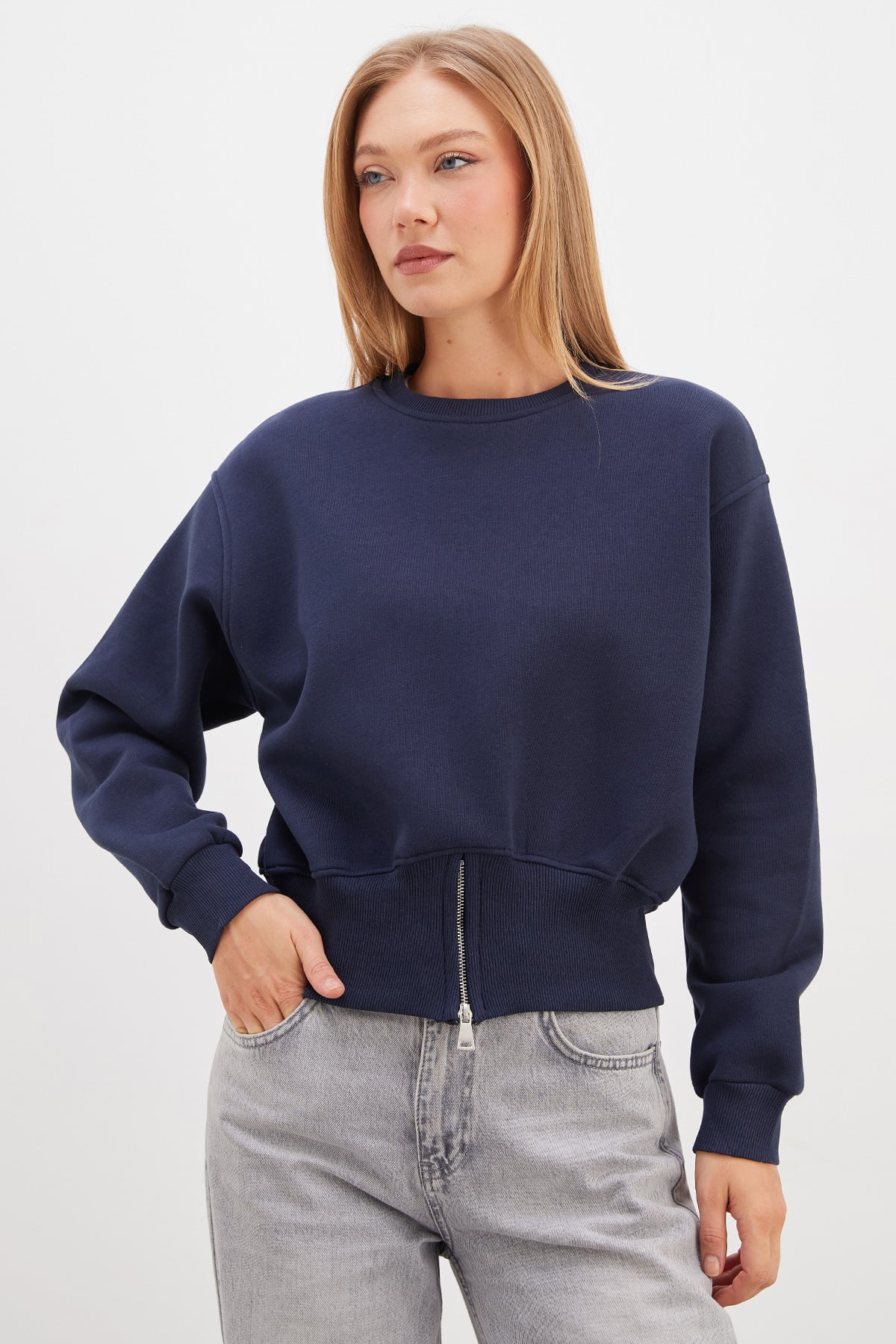 3 İplik Eteği Fermuarlı Bisiklet Yaka Crop Sweatshirt 4