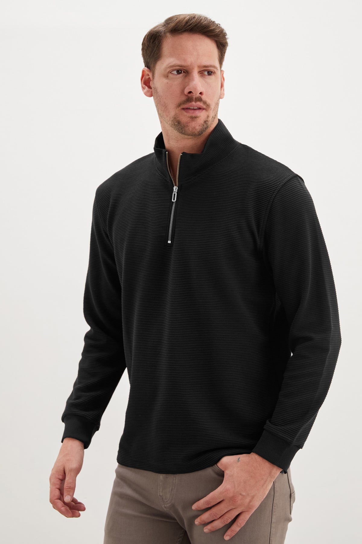Erkek Antrasit Fitilli Yarım Fermuarlı Dik Yaka Sweatshirt 3