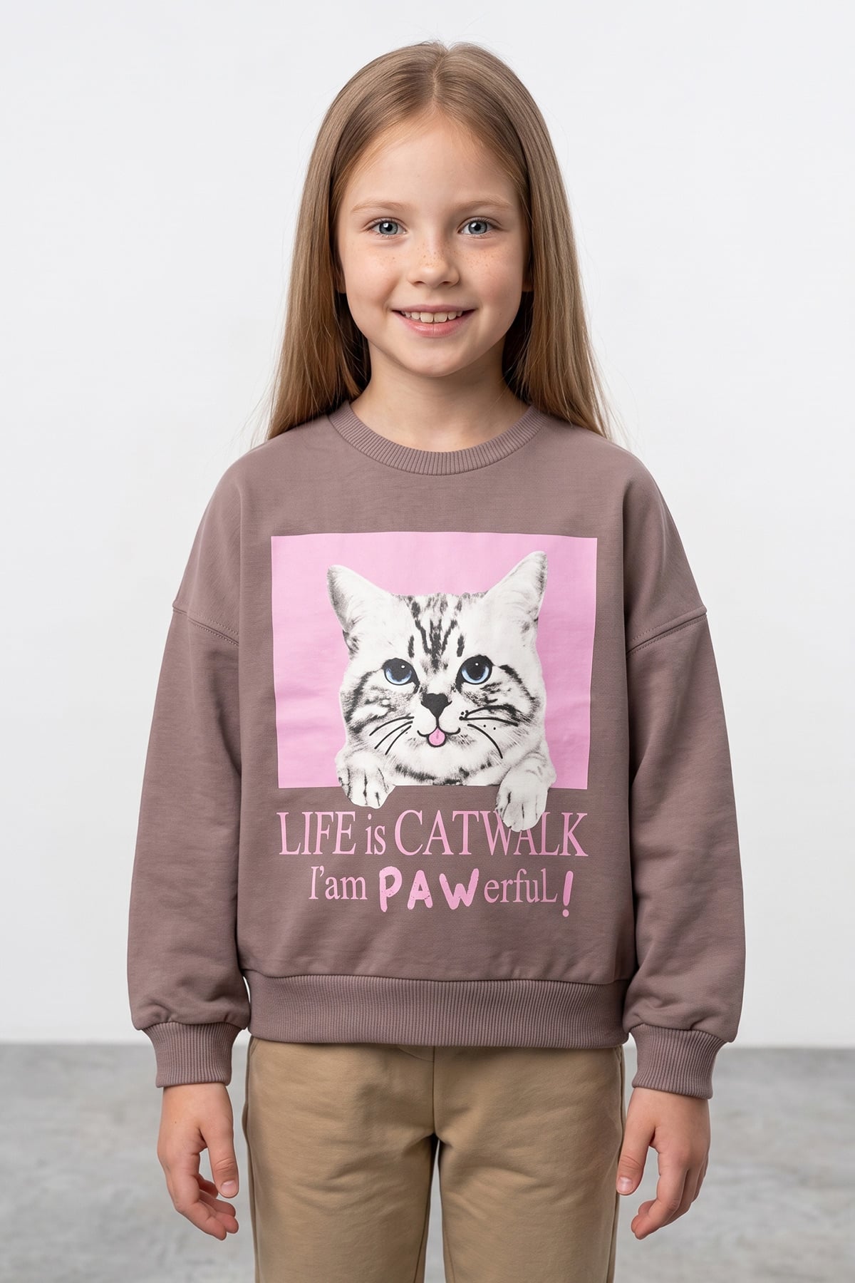 Kedi Baskılı Bisiklet Yaka Oversize Sweatshirt 2