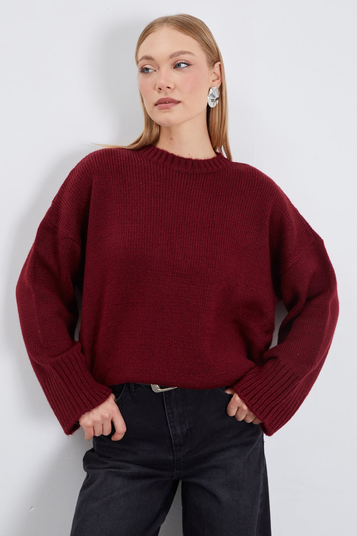 Basic Bisiklet Yaka Oversize Triko Kazak 5