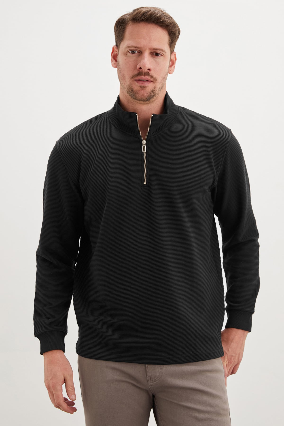 Erkek Antrasit Fitilli Yarım Fermuarlı Dik Yaka Sweatshirt 2