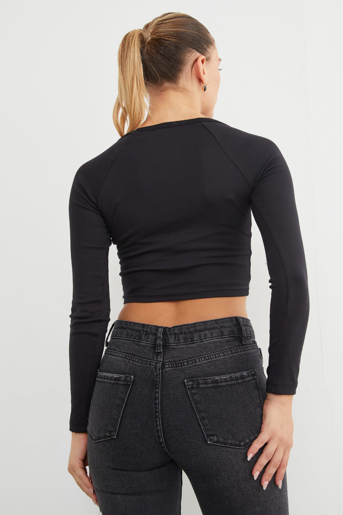 V Yaka Uzun Kol Crop Bluz 5