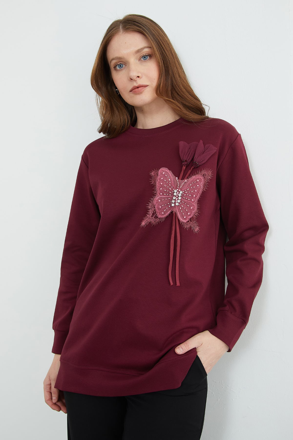 Fullamodest Kelebek Nakışlı Taşlı Bisiklet Yaka Tunik 6
