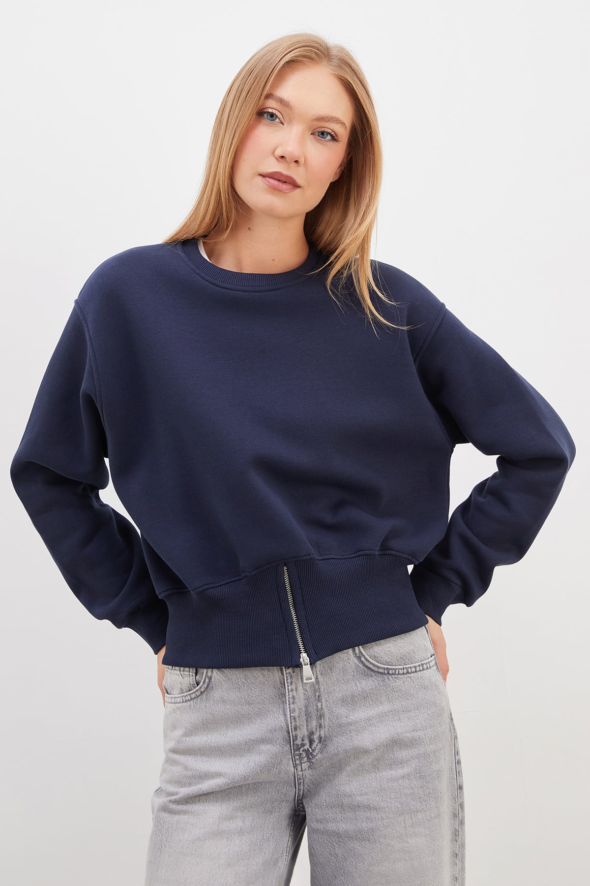 3 İplik Eteği Fermuarlı Bisiklet Yaka Crop Sweatshirt 6