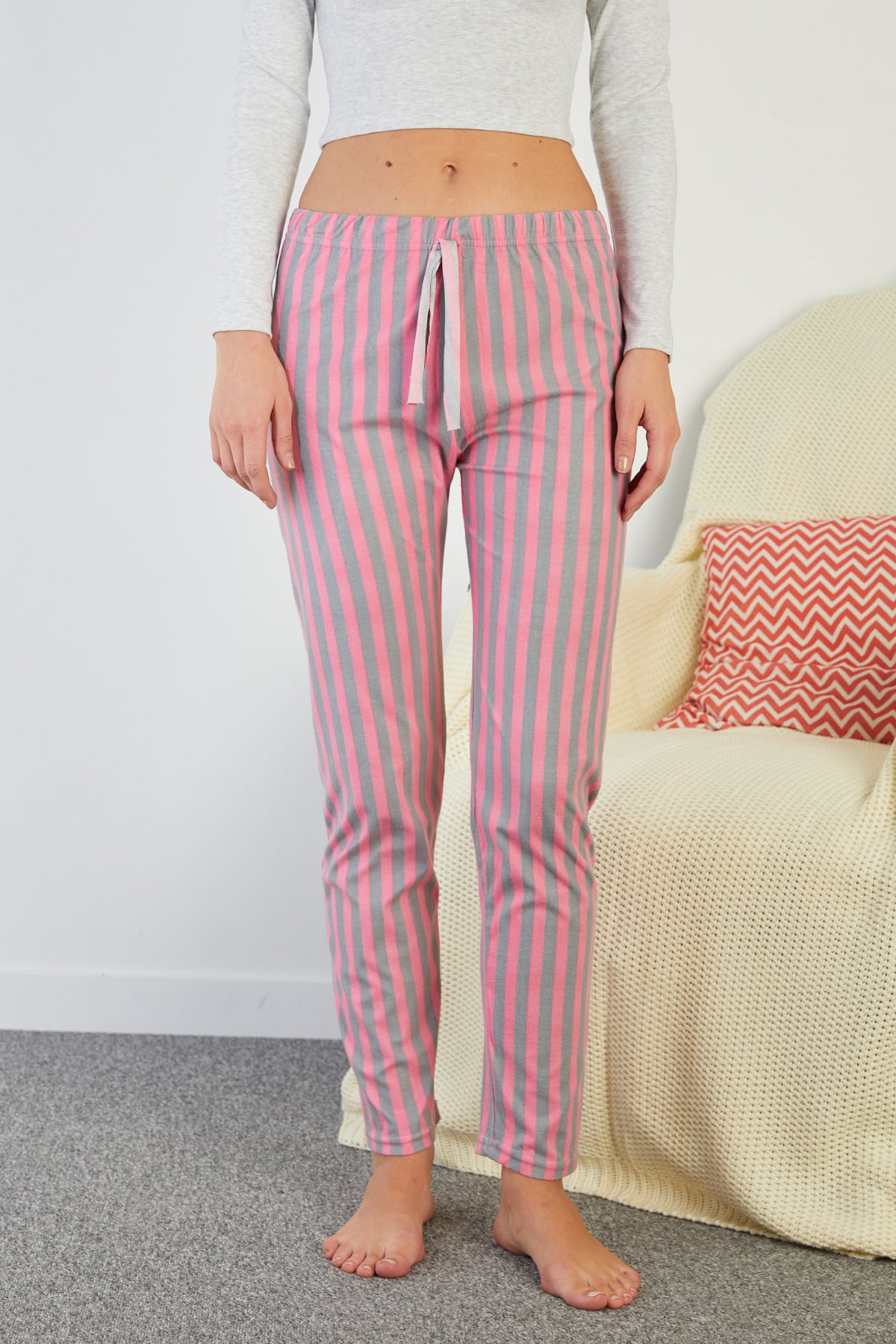 Çizgili Beli Lastikli Süet Pijama Altı 4
