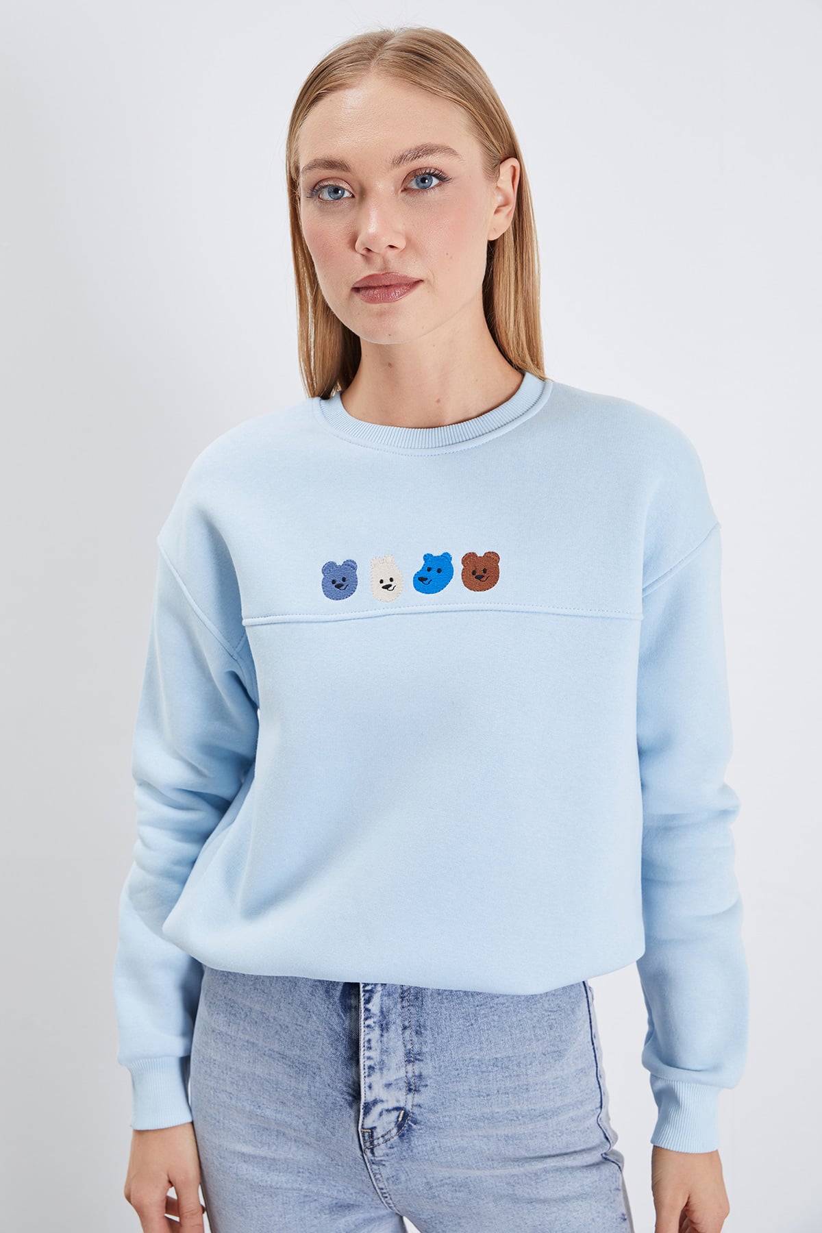 3 İplik Ayıcık Nakışlı Stoperli Oversize Sweatshirt