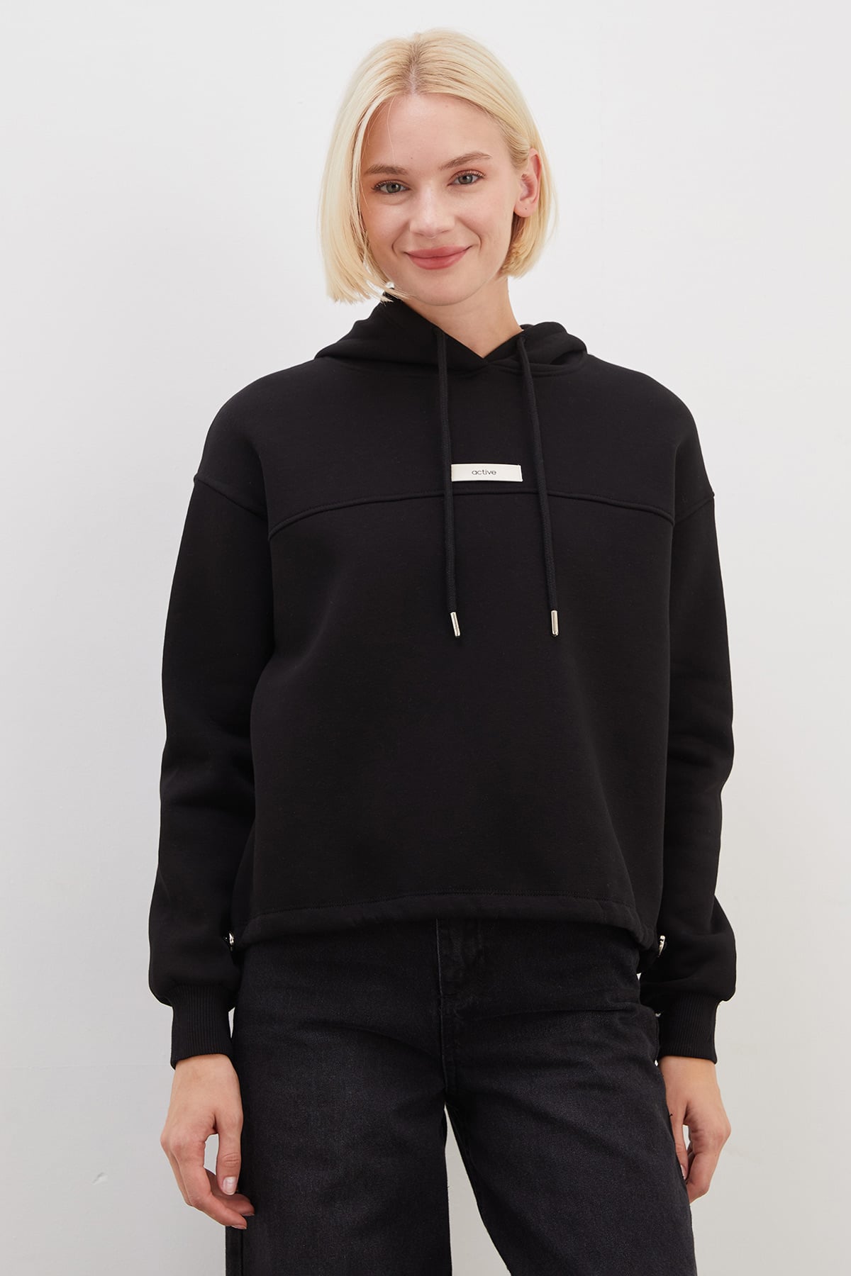 3 İplik Active Baskılı Kapüşonlu Stoperli Oversize Sweatshirt