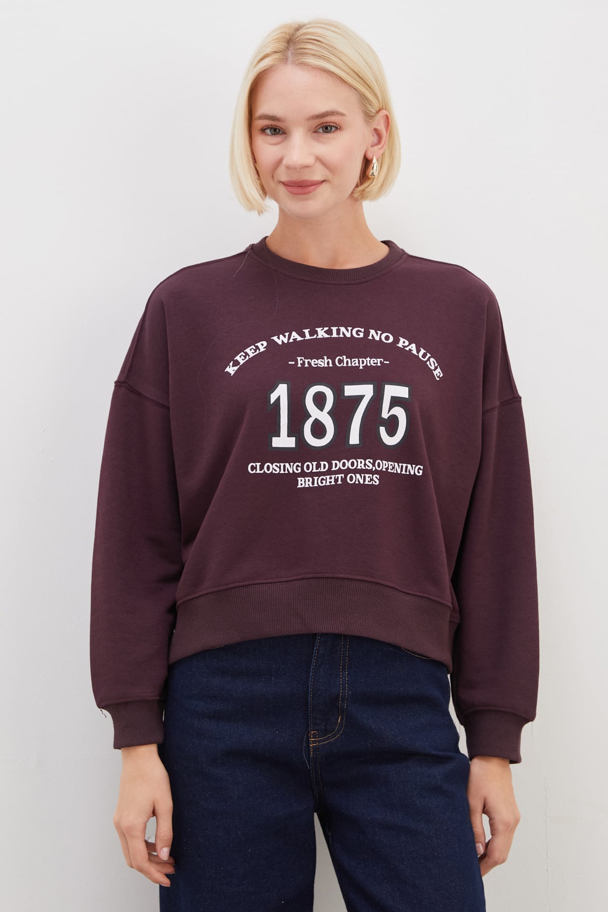 3 İplik Şardonsuz 1875 Baskılı Oversize Sweatshirt 3