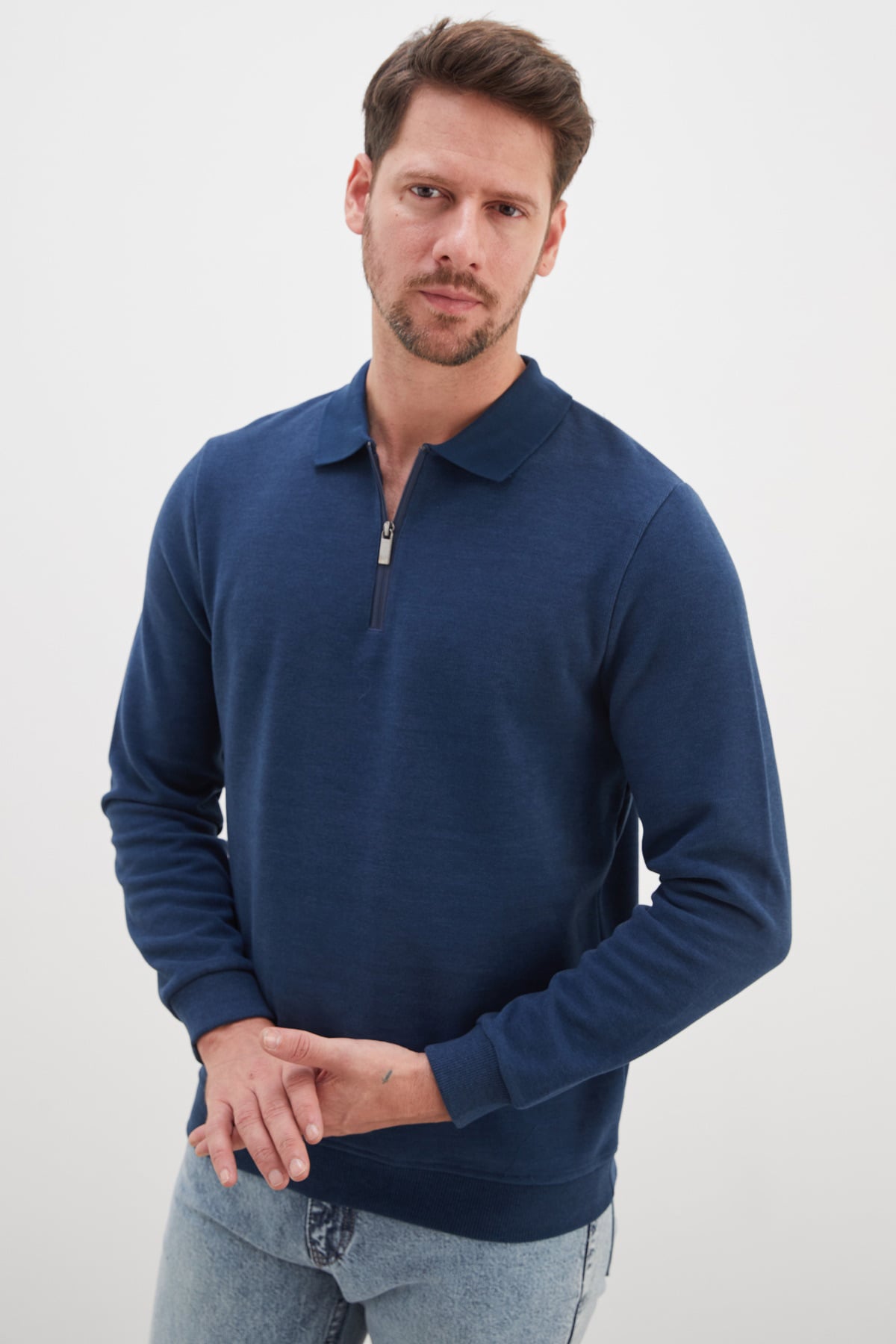 Fitilli Polo Yaka Yarım Fermuarlı Selanik Örme Sweatshirt 6