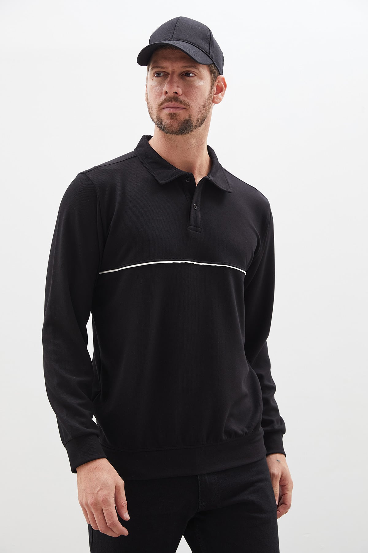 Çizgili Polo Yaka Yarım Düğmeli Sweatshirt 2