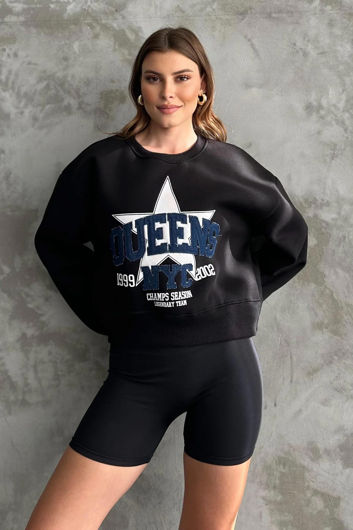Yıldız Baskılı Bisiklet Yaka Oversize Sweatshirt