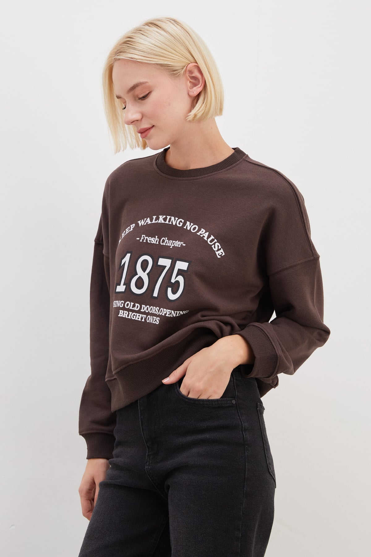 3 İplik Şardonsuz 1875 Baskılı Oversize Sweatshirt 4