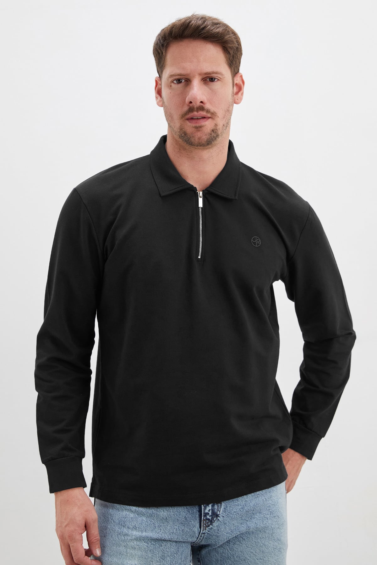 Erkek Siyah Baskılı Yarım Fermuarlı Polo Yaka Sweatshirt