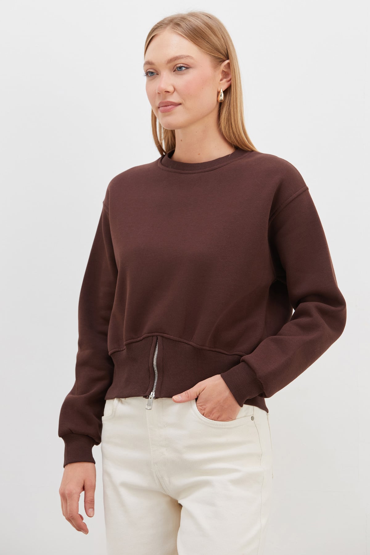 3 İplik Eteği Fermuarlı Bisiklet Yaka Crop Sweatshirt 4