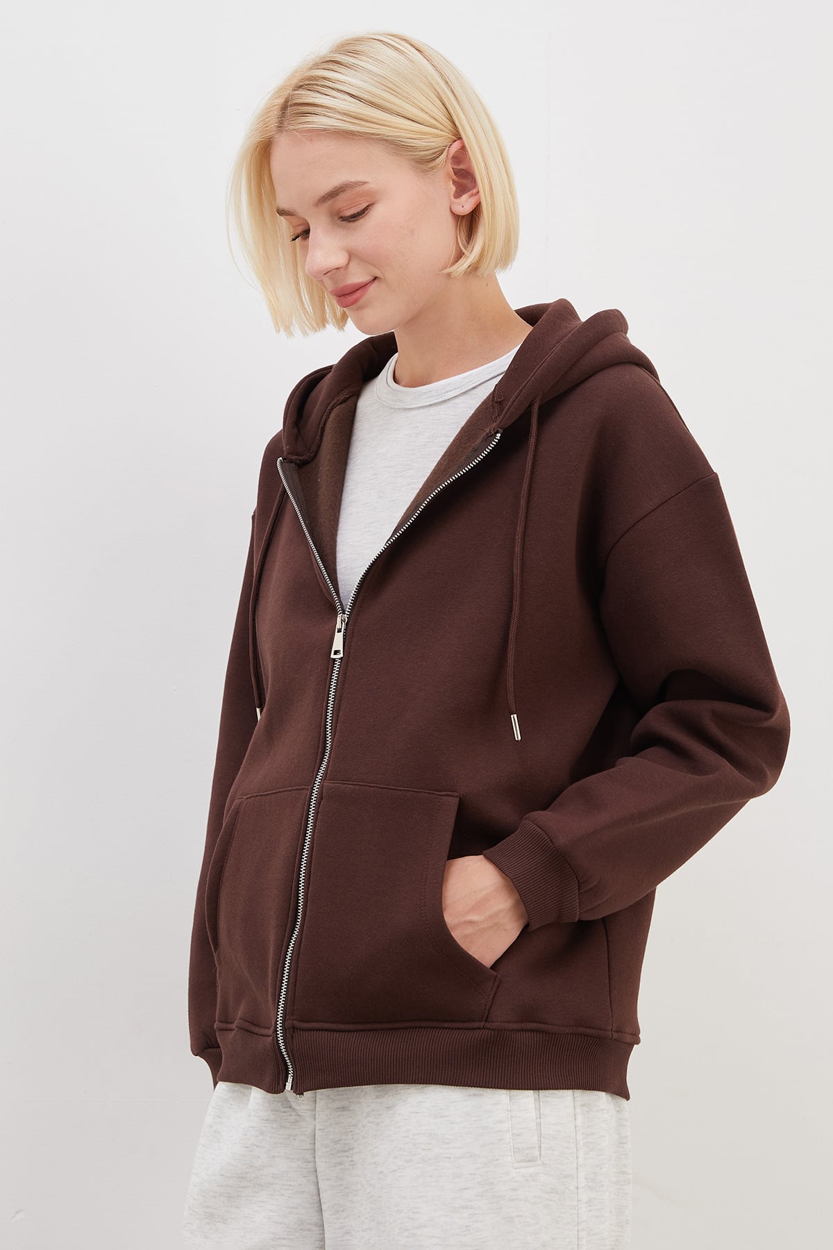 3 İplik Basic Fermuarlı Kapüşonlu Oversize Sweatshirt 6