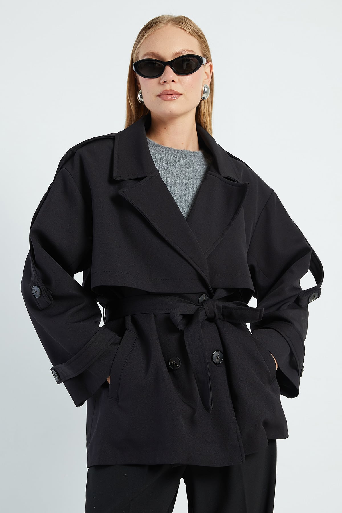 Beli Kemerli Kruvaze Yaka Oversize Trençkot
