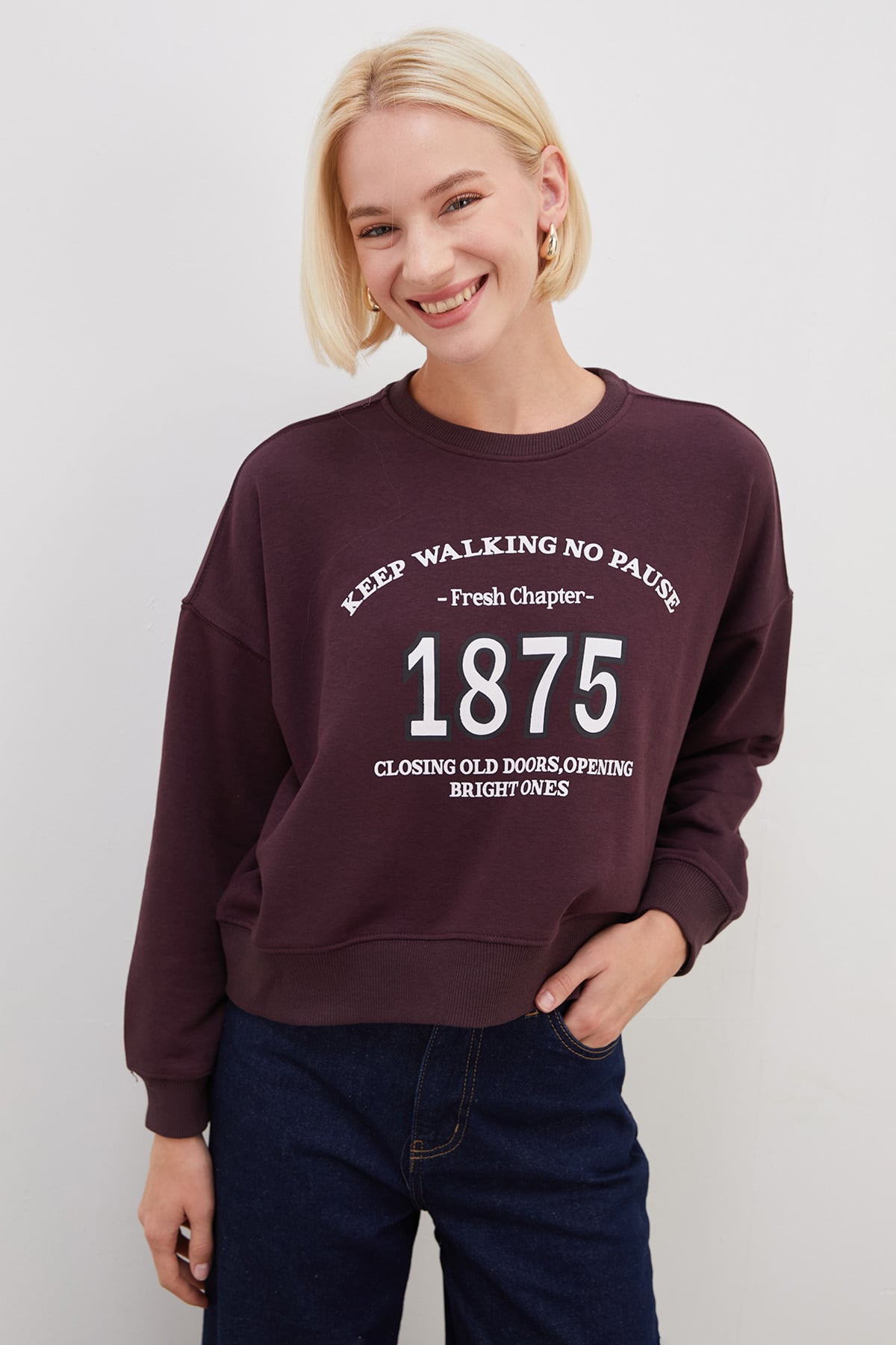 3 İplik Şardonsuz 1875 Baskılı Oversize Sweatshirt 7