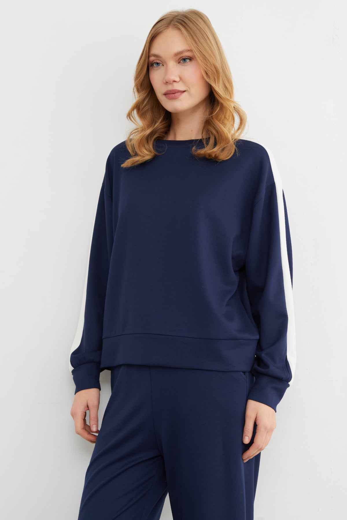 Kolu Şeritli Bisiklet Yaka Modal Sweatshirt 5