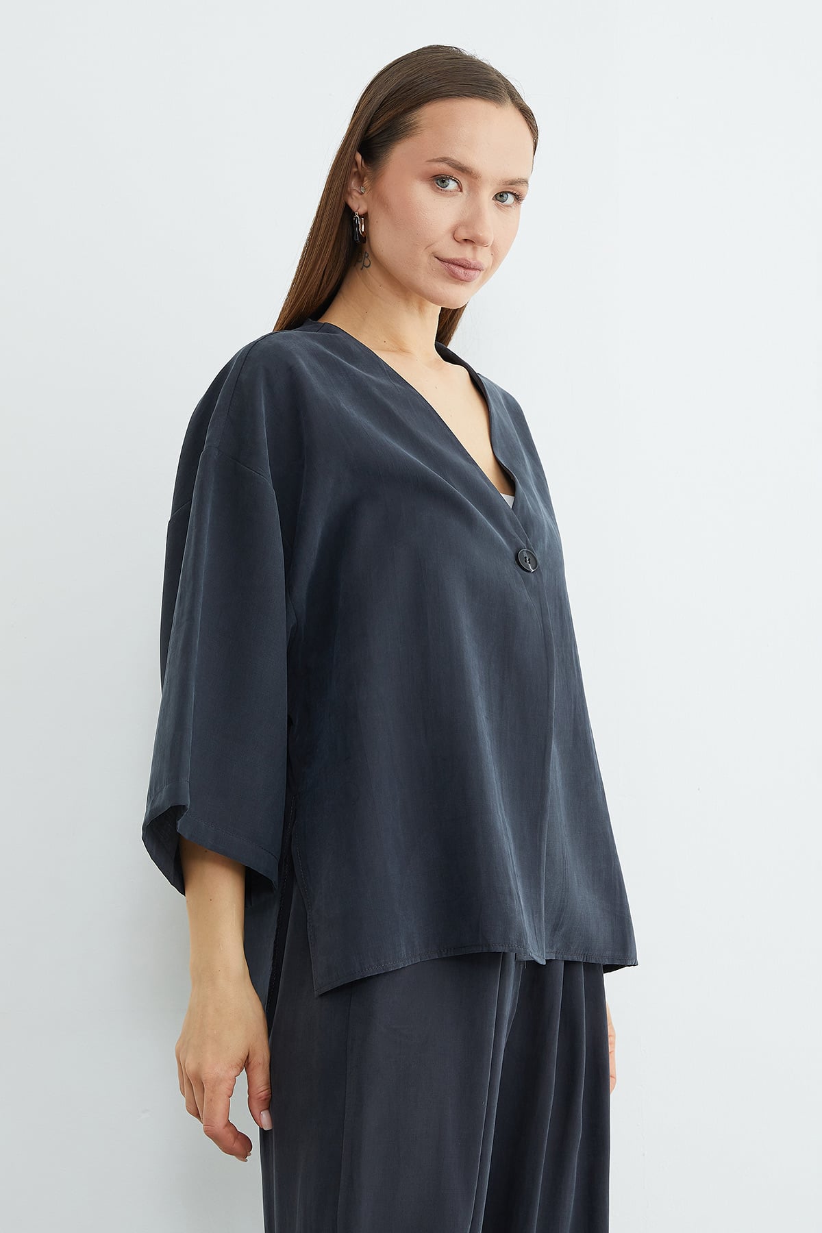 Tek Düğmeli Tencel Kumaş Oversize Ceket 7