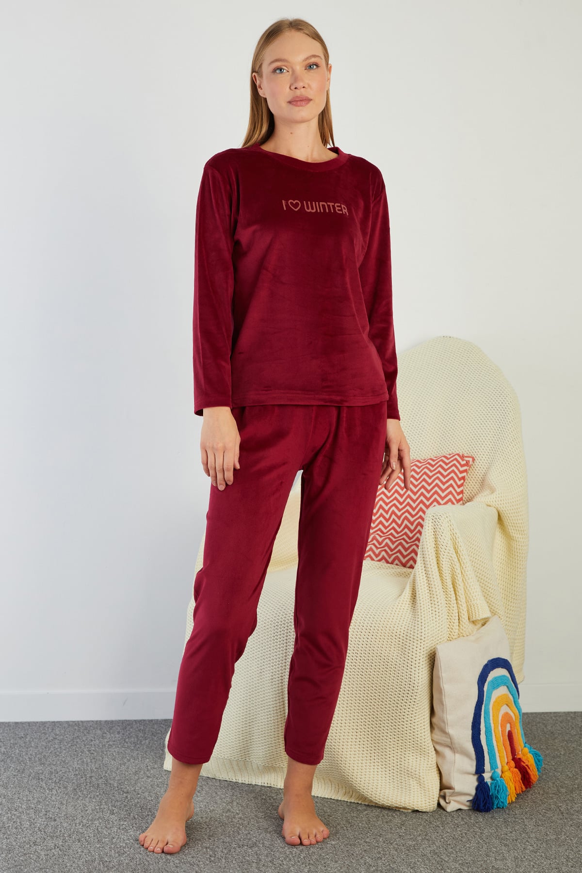 I Love Winter Kabartma Baskılı Kadife Pijama Takımı 3