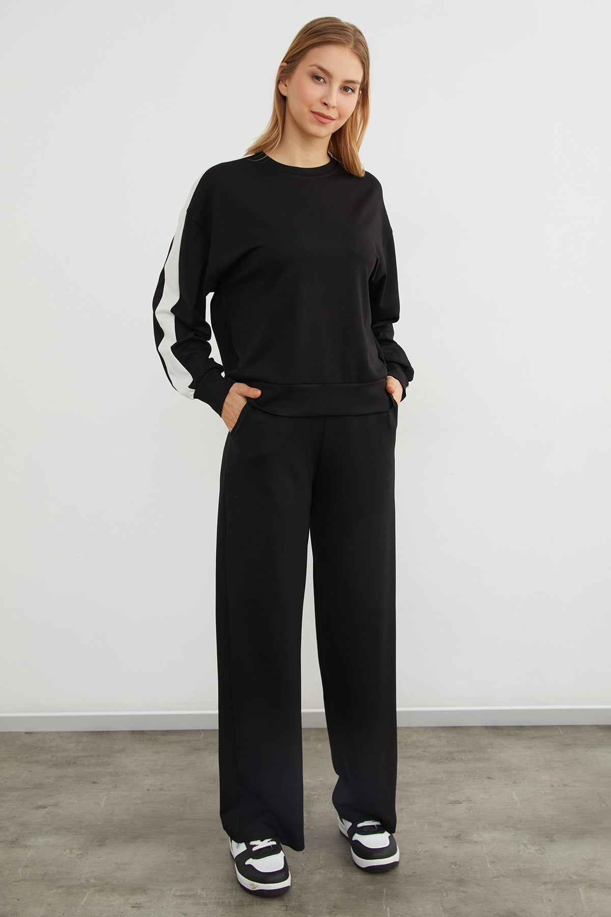 Kolu Şeritli Bisiklet Yaka Modal Sweatshirt 7