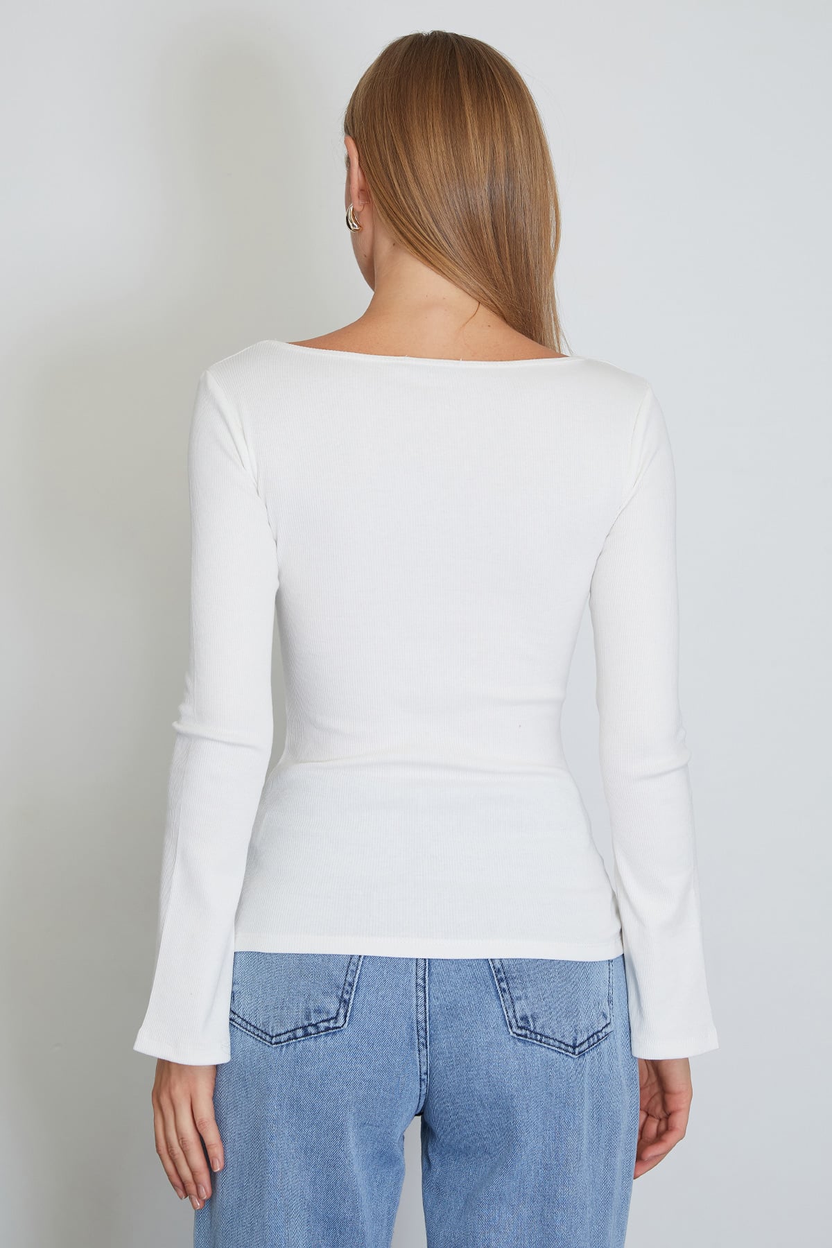Fitilli Kayık Yaka Flare Kol Slim Fit Bluz 8