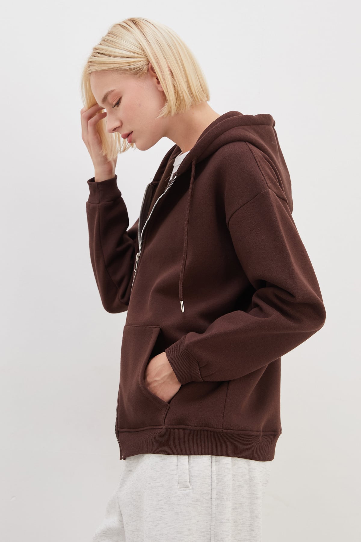 3 İplik Basic Fermuarlı Kapüşonlu Oversize Sweatshirt 7