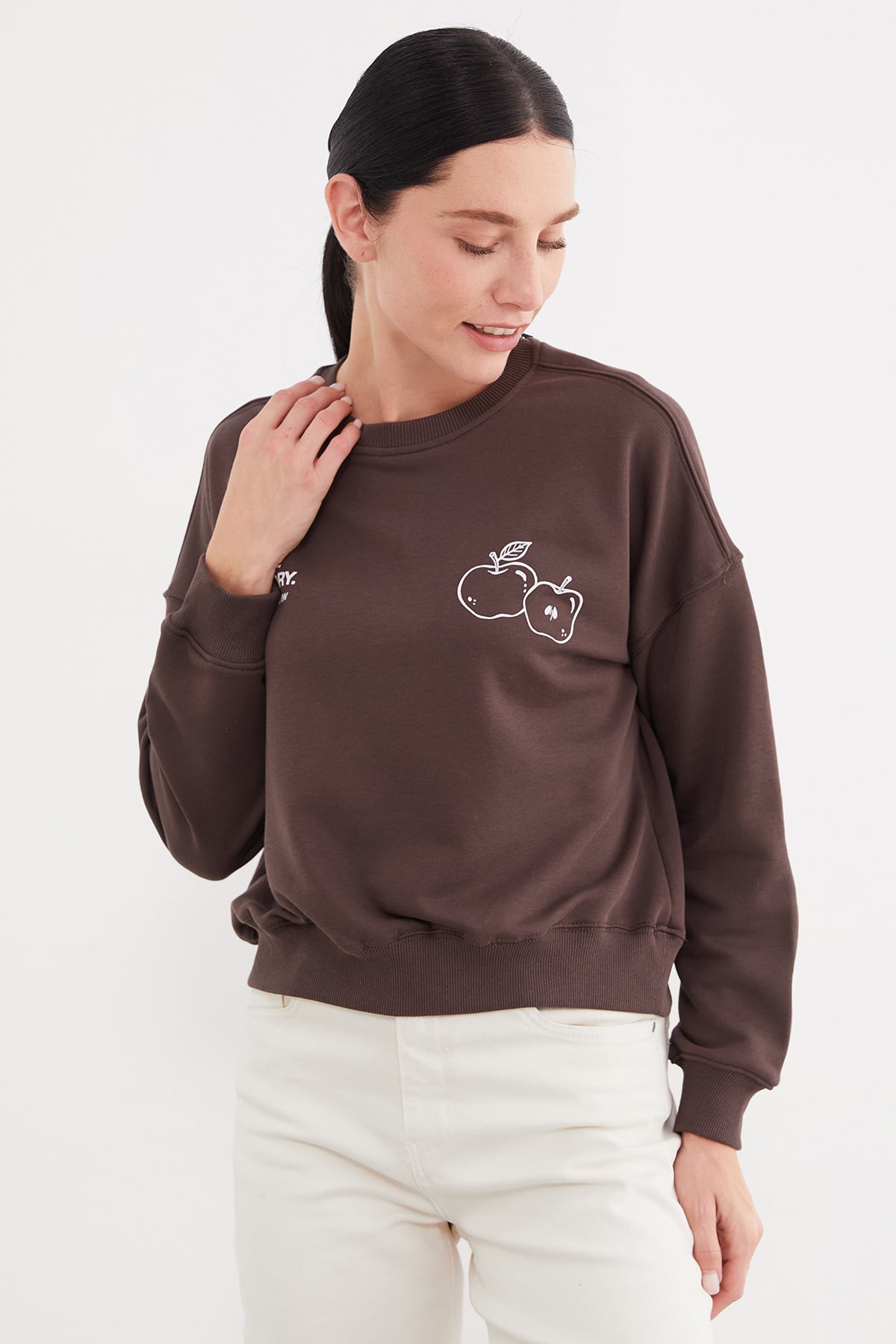 3 İplik Şardonsuz Elma Baskılı Oversize Sweatshirt