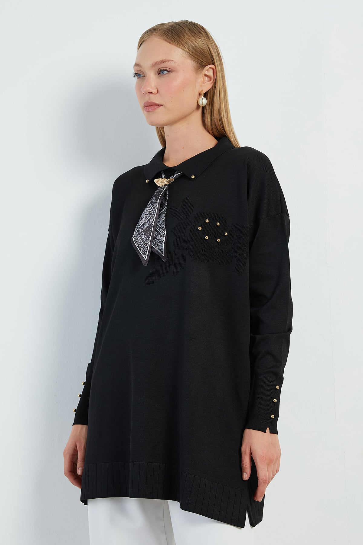 Fullamodest Fularlı Jakarlı Triko Tunik 4