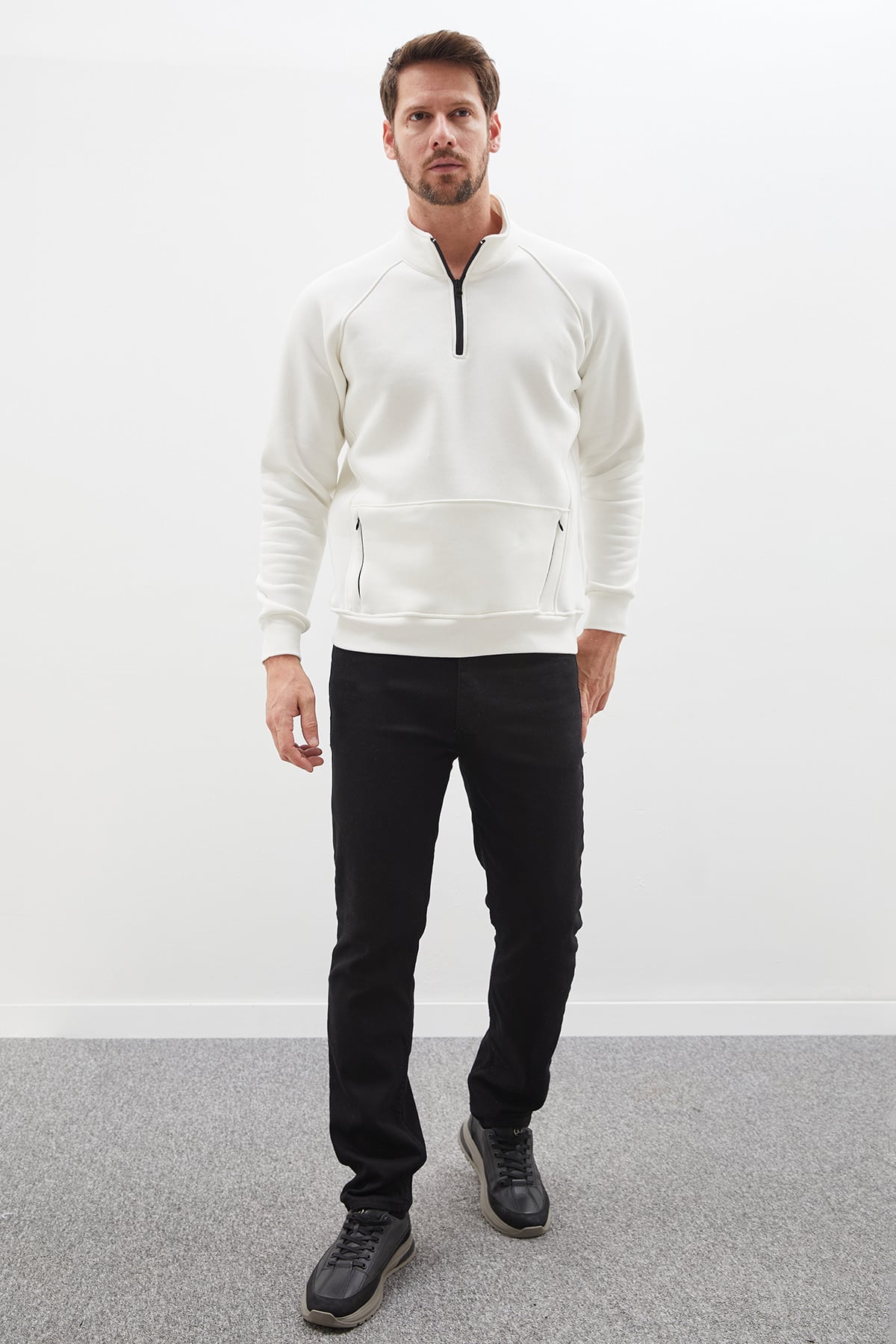 Erkek Antrasit 3 İplik Yarım Fermuarlı Dik Yaka Kanguru Cepli Sweatshirt 3