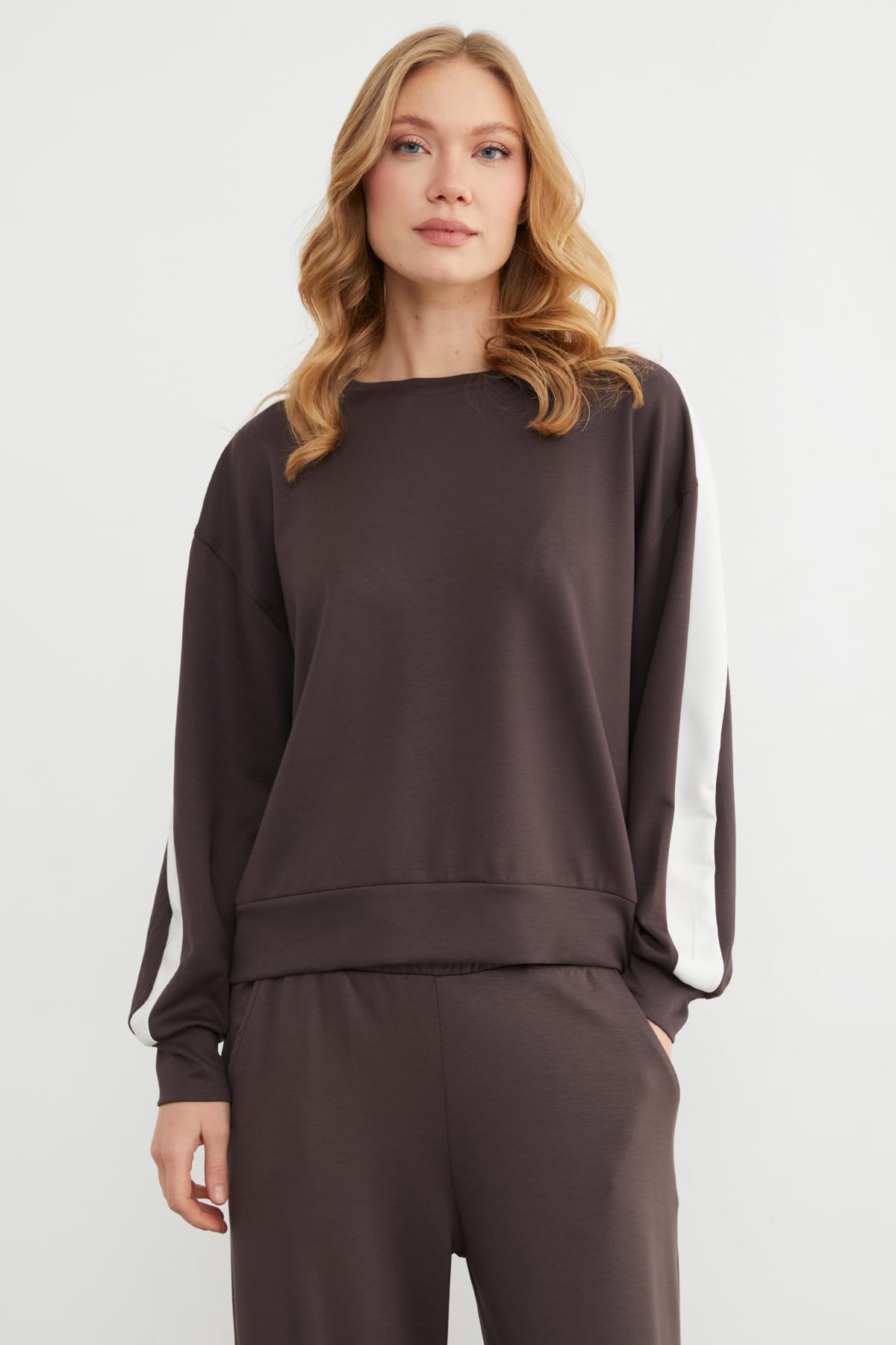 Kolu Şeritli Bisiklet Yaka Modal Sweatshirt 3
