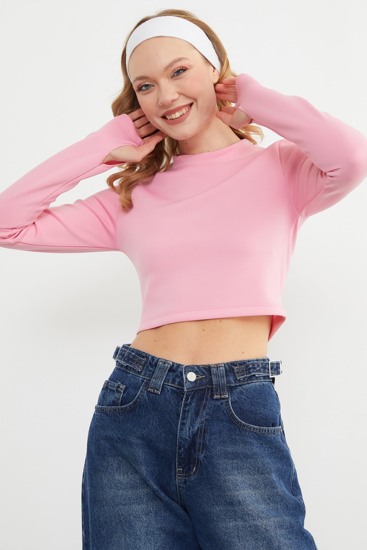 Basic Bisiklet Yaka Parmak Geçmeli Crop Bluz 5