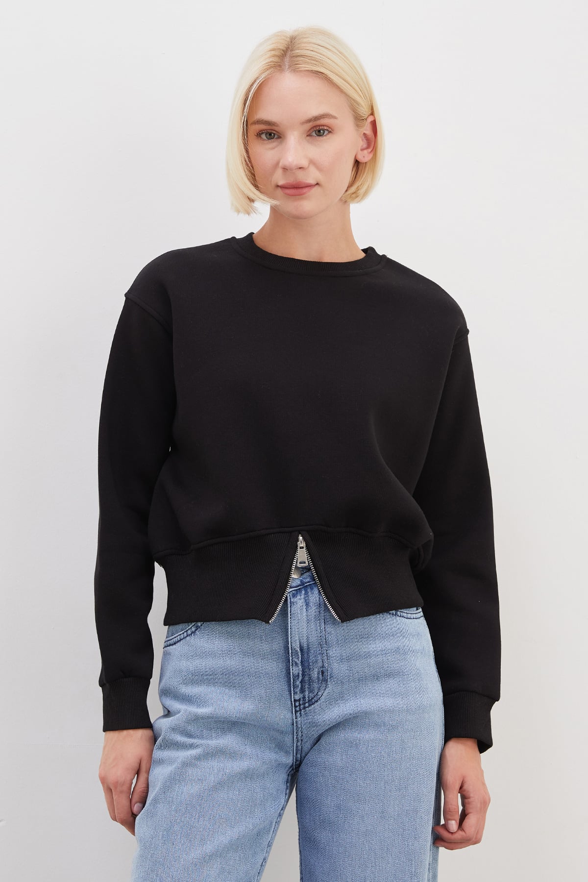 3 İplik Eteği Fermuarlı Bisiklet Yaka Crop Sweatshirt