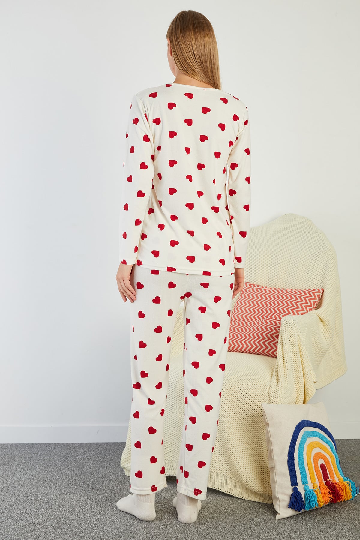 Kalp Desenli Bisiklet Yaka Süet Pijama Takımı 5