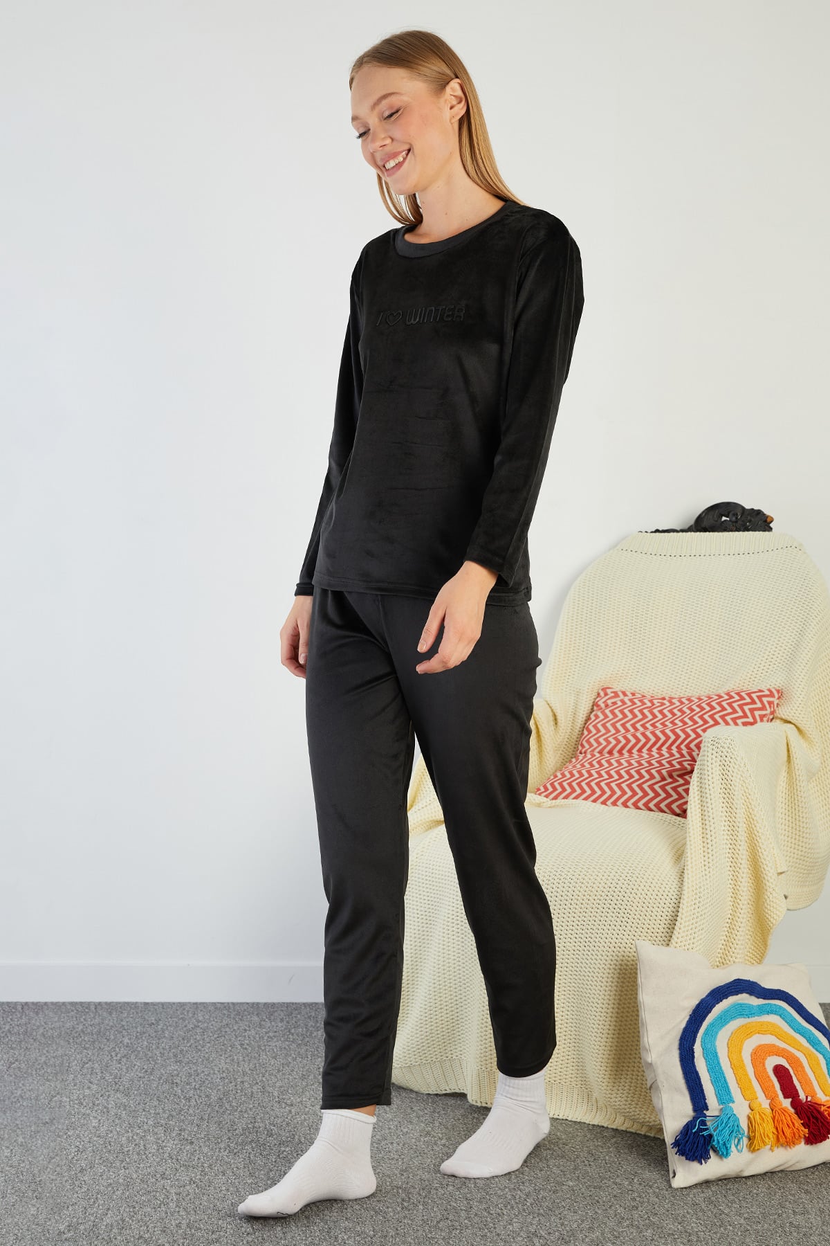 I Love Winter Kabartma Baskılı Kadife Pijama Takımı 4